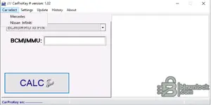 CarProKey 1.02 car select screen for Mercedes and Nissan Infiniti with BCM and IMMU module utility categories and calculator panel.