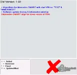 CarProKey 1.02 update history window referencing Smart VIN coverage and software changes for workshop diagnostics support.