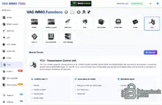VAG IMMO Tool TCU Transmission Control Unit: clone, decrypt, and edit immobilizer (IMMO) data for DQ200, DQ200 G2 MQB, DQ250 MQB, DQ400 MQB; IMMO OFF option; requires EEPROM + Flash; Power Class setting required for DQ400.