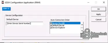Bosch J2534 Configuration Application RNM-V1 showing default device entry and auto-connection order for PassThru use.