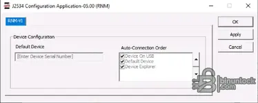 Bosch J2534 Configuration Application 05.00 RNM view showing device on USB priority and default device selection options.