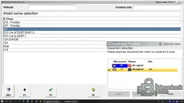 Mercedes DAS Developer (Star Diagnosis) model series selection with SDconnect Toolkit equipment selection window — SDconnect multiplexer status, assigned device list.