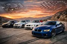 BMW E90 LCI sedan rolling at night landscape.webp