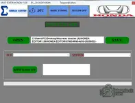 Honda Editor V1.39 system options screen with ECU selection, file open and save workflow, and action area. Honda Editor V1.39 system options screen with ECU selection, file open and save workflow, and action area.