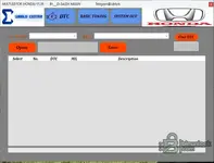 Honda Editor V1.39 DTC page with brand and ECU selectors, open save controls, and an empty fault table. Honda Editor V1.39 DTC page with brand and ECU selectors, open save controls, and an empty fault table.