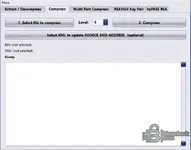 Single file compression tab in the BMW NRV tool with selectable compression levels and XML updating.