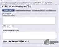 RSA-1024 Key Pair Generator tab for MGD1 FSC calculations within the BMW NRV utility.