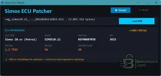 Simos ECU Patcher detecting a Simos 10 OBD or Virtual Read file that requires a full bench read for patching