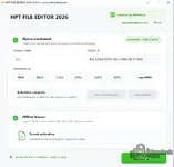 HPT File Editor 2026 offline activation window showing License Name, Device ID, Hardware ID and saved activation status.