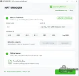 HPT-MMOQRY offline activation window showing License Name, Device ID, Hardware ID and saved activation status.