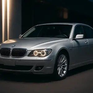 Silver BMW E66 LCI cover shot with angel eyes at night.webp