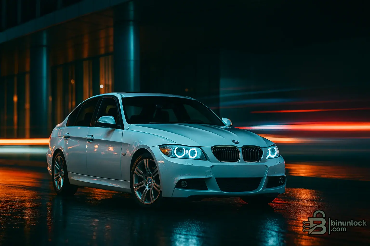 BMW E90 LCI sedan rolling at night landscape cover for tuning article.webp
