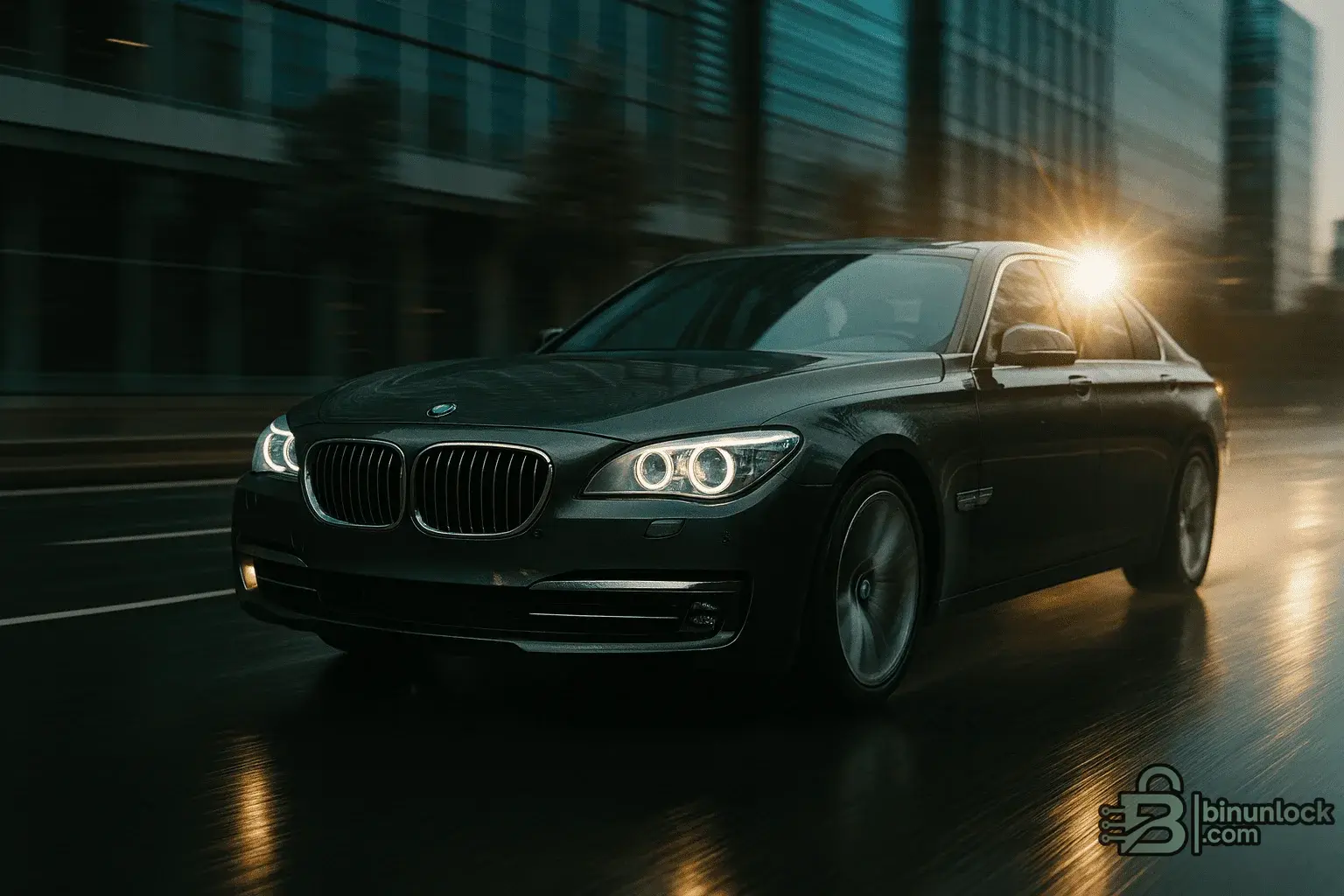 BMW F02 LCI on dyno with LED angel eyes in a tuning shop.webp