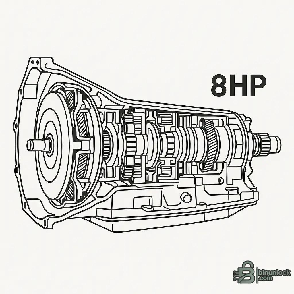 Technical line-art cutaway of a ZF 8HP 8-speed automatic transmission showing torque converter and internal gear sets